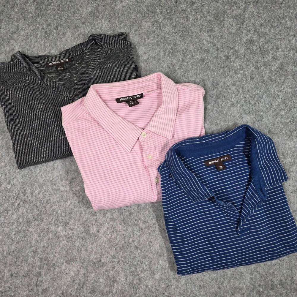 Lot 3 Michael Kors Polo T-Shirts XXL Blue Pink Grey Striped Short Sleeve Preppy